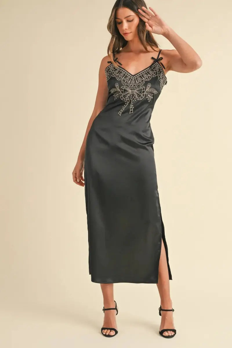 Mable Embroidered Cami Satin Midi Slit Dress for Elegance - Love Salve